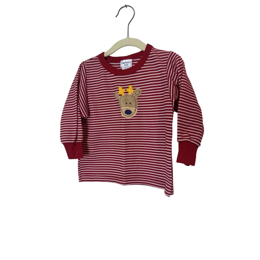 Carter's Shirt Kids 2T Red White Stripe Reindeer Applique Holiday Long Sleeve